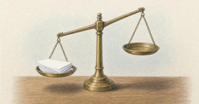 A brass balance scale with blank paper slips weighing down one pan and the other pan empty