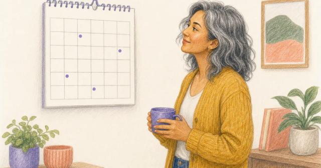 A wall calendar with small purple dots marking different weeks