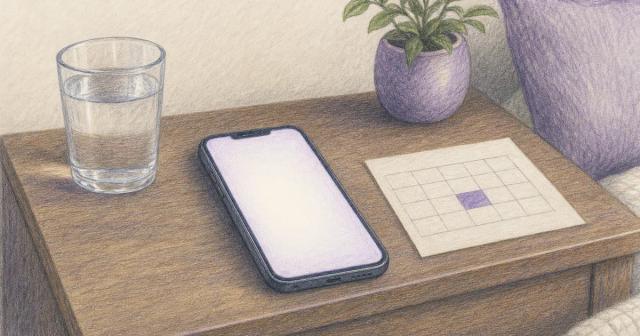A phone with a blank glowing screen on a table beside water and a marked note.