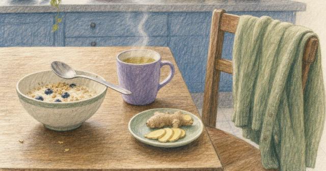 Kitchen table with an untouched breakfast, ginger tea, and a chair pushed away