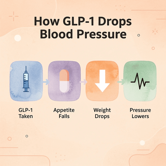 Process flow showing the chain reaction from GLP-1 medication to lower blood pressure