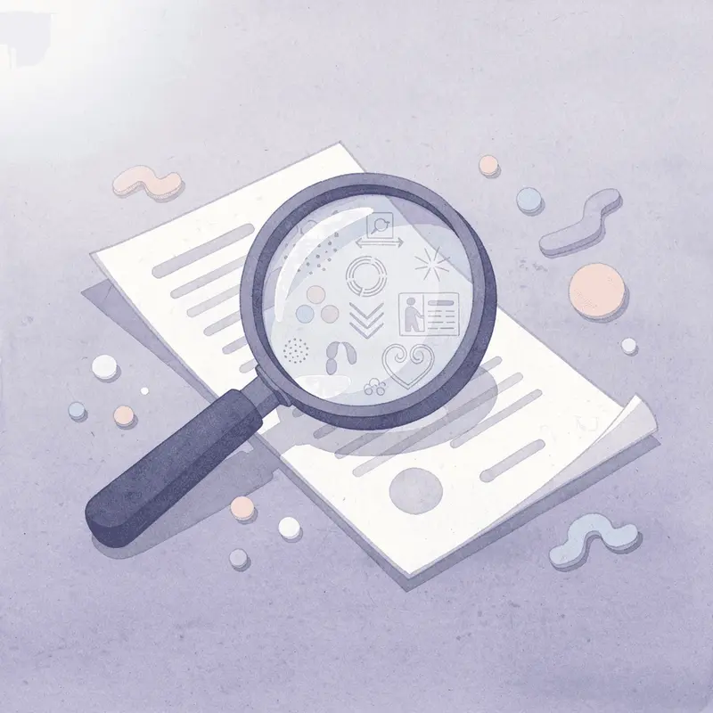 Magnifying glass examining medication vials showing variations