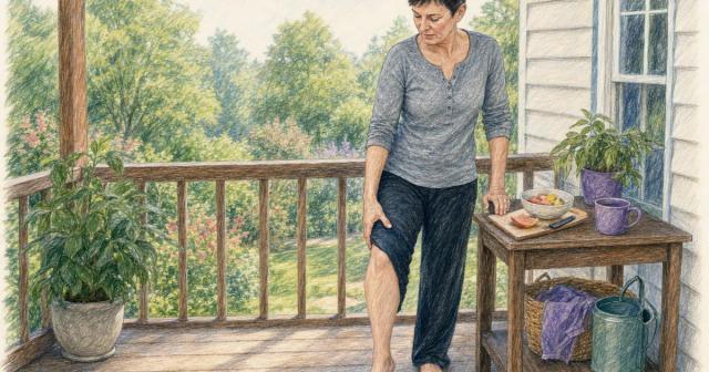 Woman pausing while slicing fruit at a porch table, shifting her weight off one knee