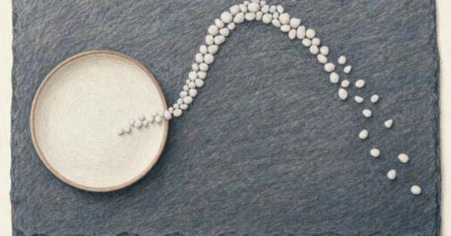 White pebbles arranged in a rising and fading arc beside an empty plate on slate