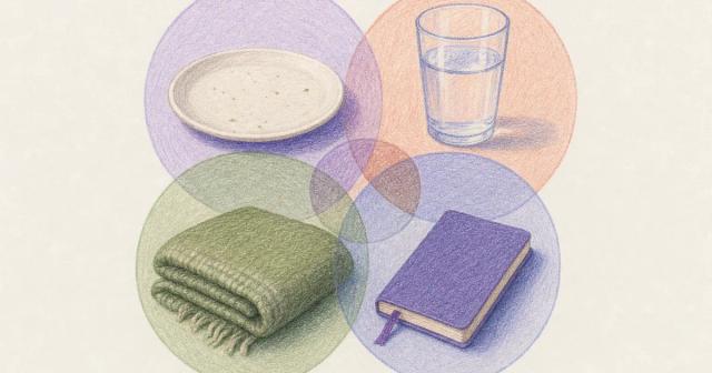 Four overlapping translucent circles each holding a plate, water, blanket, and notebook.