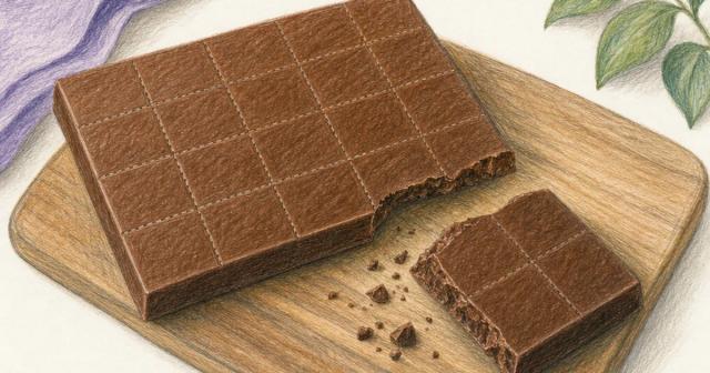 Overhead view of a chocolate bar with an oversized piece snapped off along a ragged edge