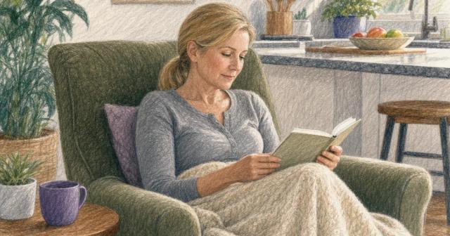 A woman wrapped in a blanket reading in an armchair in a bright kitchen