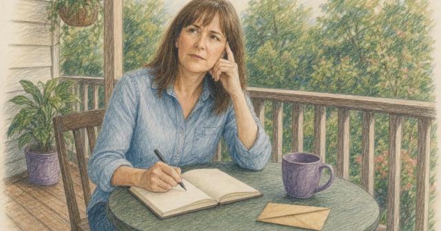 Person on a porch writing in a notebook, pausing mid-thought at a small table