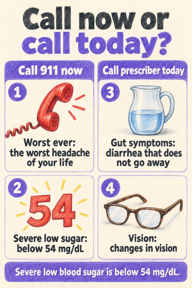 A two-column chart: signs that mean call 911 now beside signs that mean call your prescriber today.