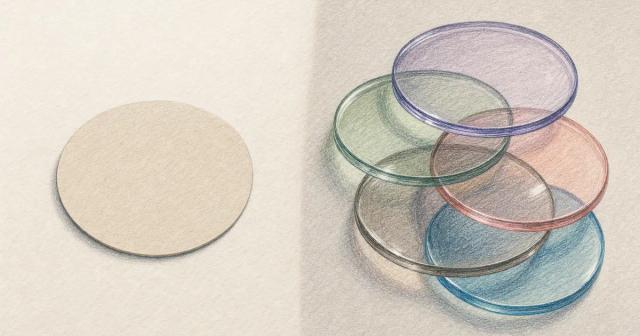 One flat paper disc on the left, a stack of layered translucent glass discs on the right