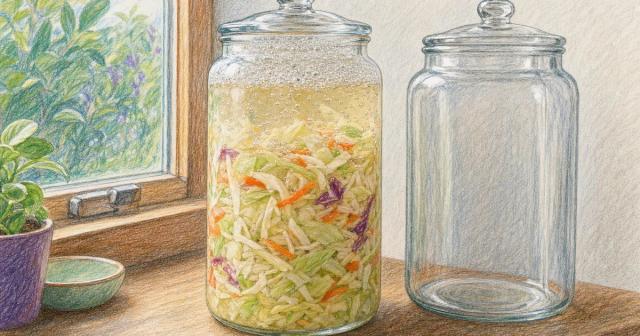 Glass jar of fermenting vegetables on a windowsill with gas bubbles rising under the lid