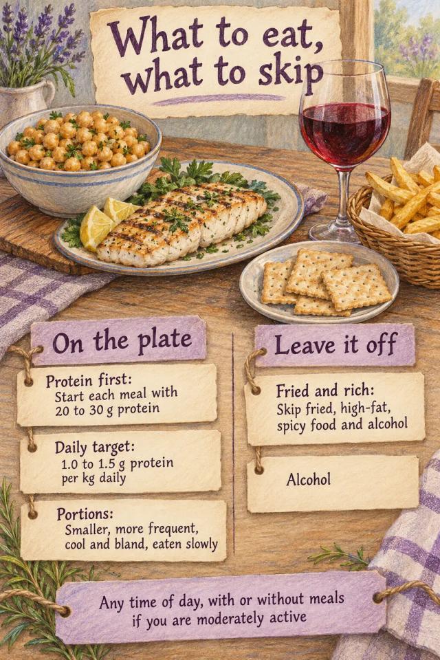 Two columns: protein foods and small bland portions to eat, fried food and alcohol to leave off.