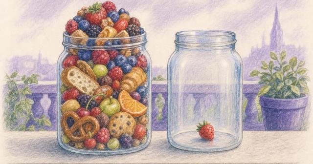 Two glass jars, one overflowing with food shapes and one nearly empty