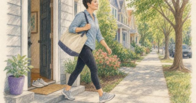 Woman with a gym bag stepping from a front doorway onto a tree-lined sidewalk