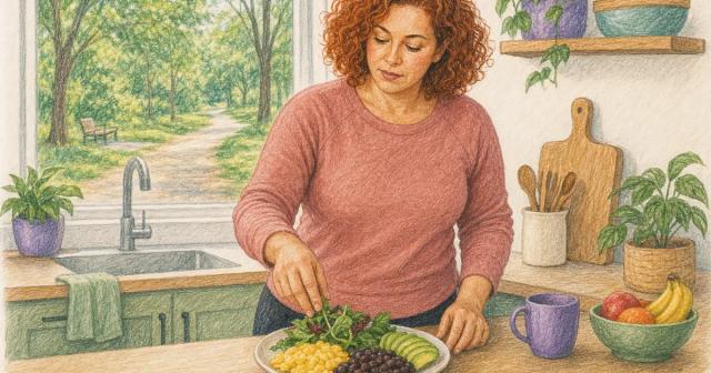 Woman in walking clothes assembling a full breakfast at a sunlit kitchen counter