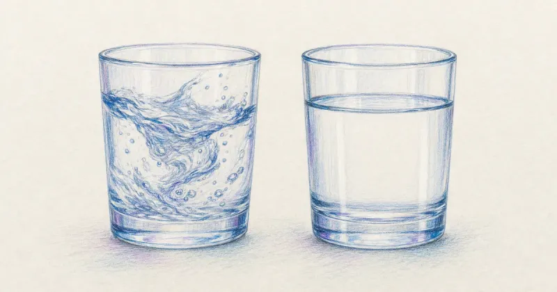 Two glass vessels side by side, one swirling and one calm.