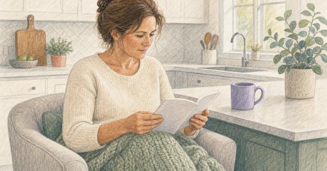 Person in an armchair with a blanket reading a booklet beside a sunlit kitchen counter