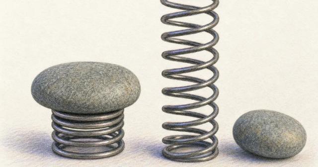 Two coil springs, one flattened under a stone and one standing at full height