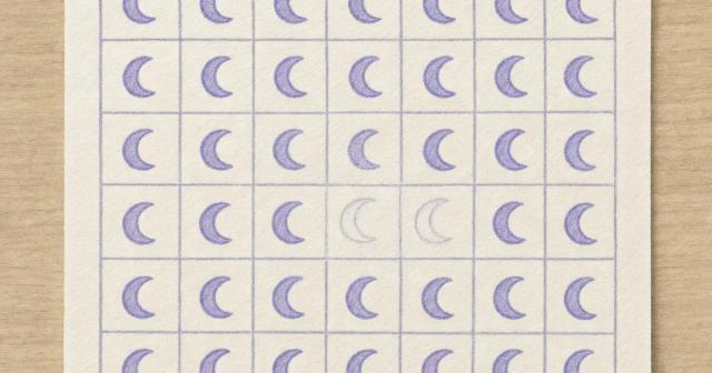 Hand-drawn weekly calendar of small moon doodles, two squares sketched fainter
