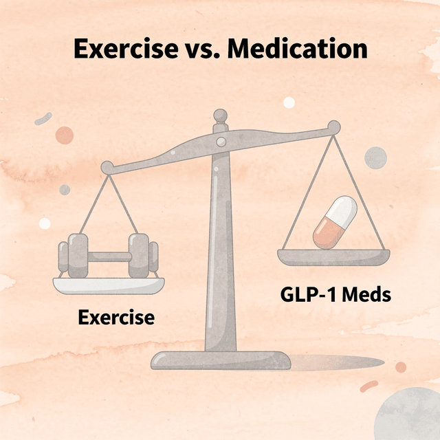 Balance scale comparing exercise and GLP-1 medication for weight loss