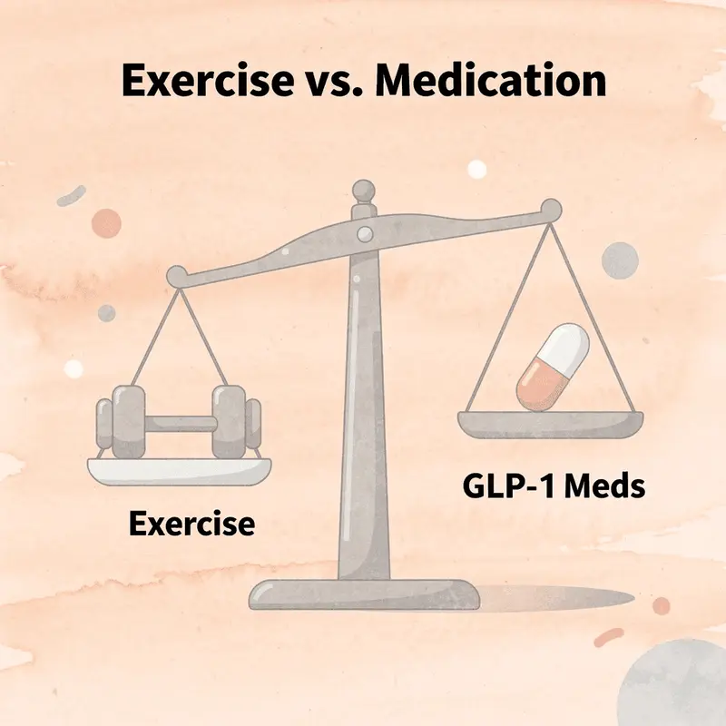 Balance scale comparing exercise and GLP-1 medication for weight loss
