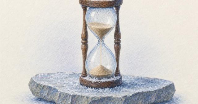 Close-up of an hourglass with sand falling, standing on a frosted stone surface