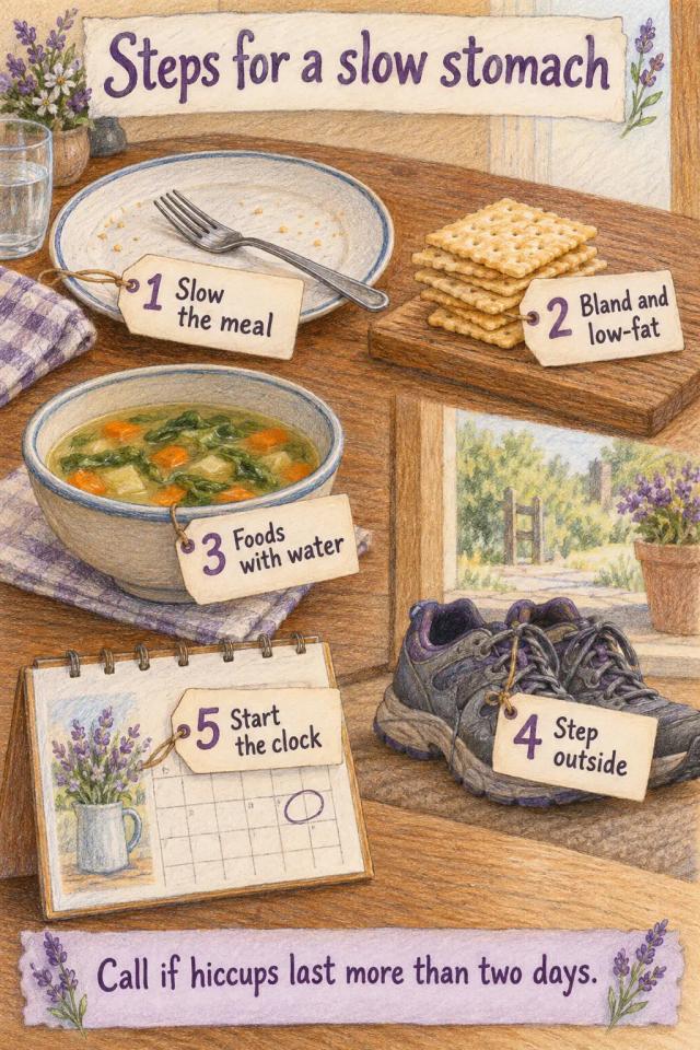 Five numbered steps for an unsettled stomach: slow the meal, bland foods, foods with water, fresh air, start the clock.