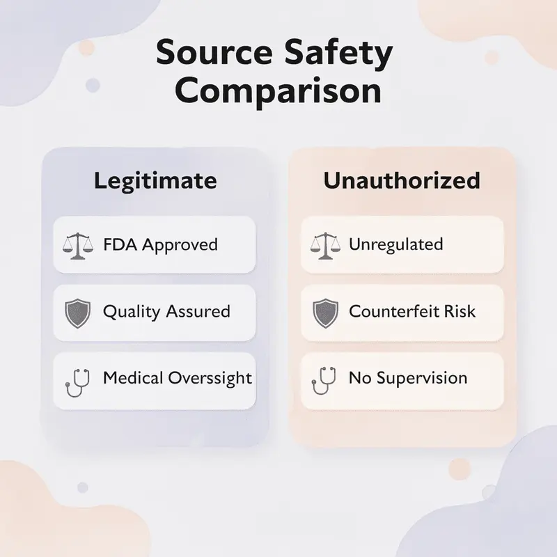 Comparison chart showing legitimate vs unauthorized medication sources
