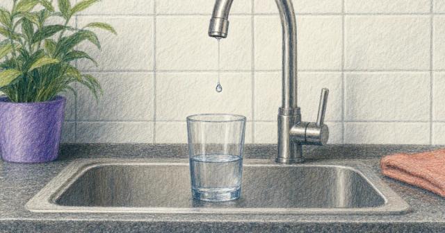 A nearly closed kitchen faucet dripping slowly into a glass in the sink