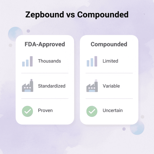 Comparison chart of FDA-approved Zepbound versus compounded tirzepatide