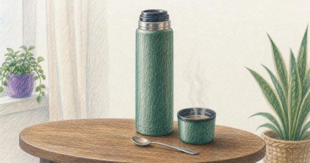 A vacuum flask beside its cup lid holding a shallow pour of steaming clear broth and a teaspoon