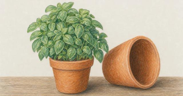 A mature potted herb beside a larger empty pot left unused on a wooden table