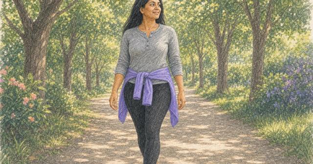 Woman walking unhurried along a tree-lined path in morning light
