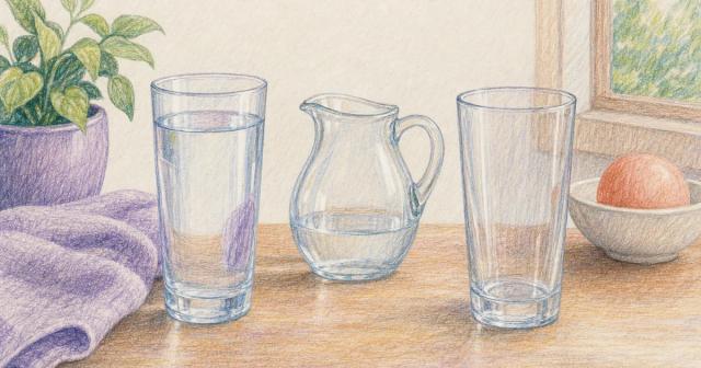 A full glass of water beside a nearly empty one with a small pitcher.