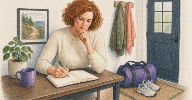 Person logging observations at an entryway table beside a packed gym bag.