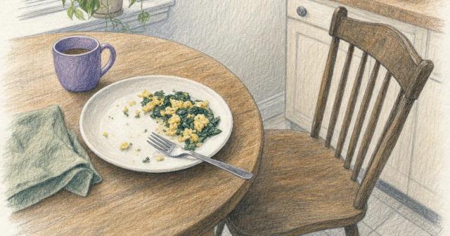 Half-eaten plate of food pushed aside on a kitchen table with a chair pulled back