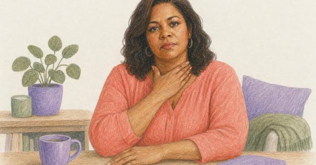 Woman with a hand at her throat, serious and alert