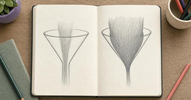 Sketched diagram of a wide-necked funnel beside a narrow-necked funnel with contents backing up
