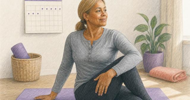 Woman stretching on a mat with a marked wall calendar behind her