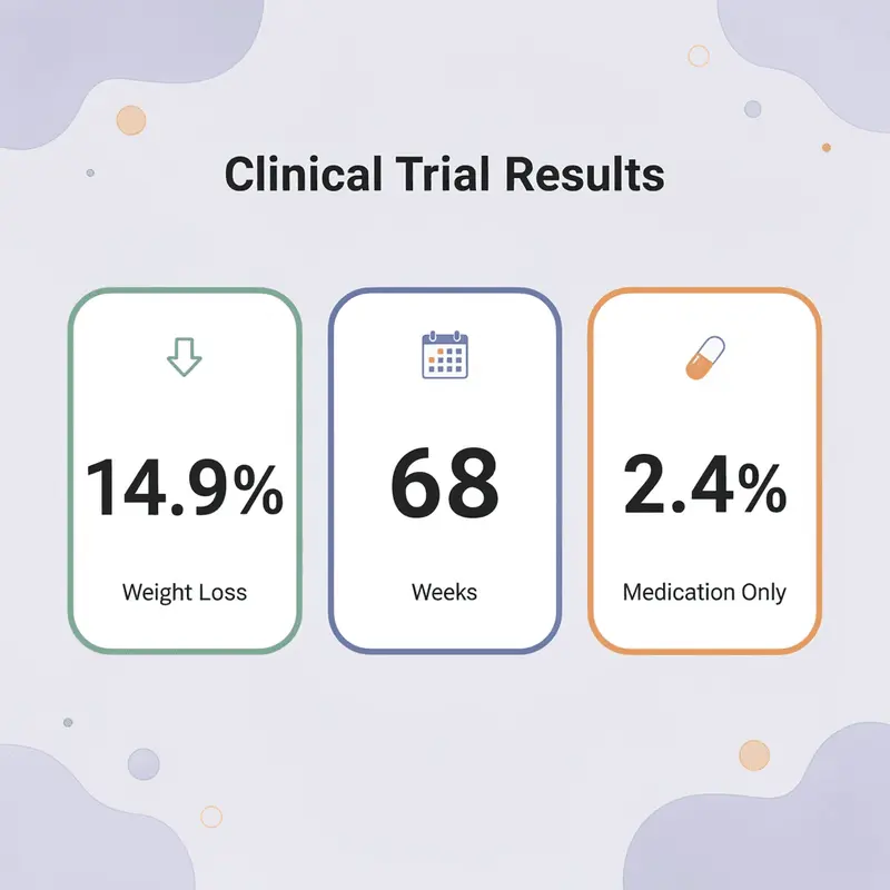 Statistics showing 14.9% weight loss over 68 weeks versus 2.4% with medication only
