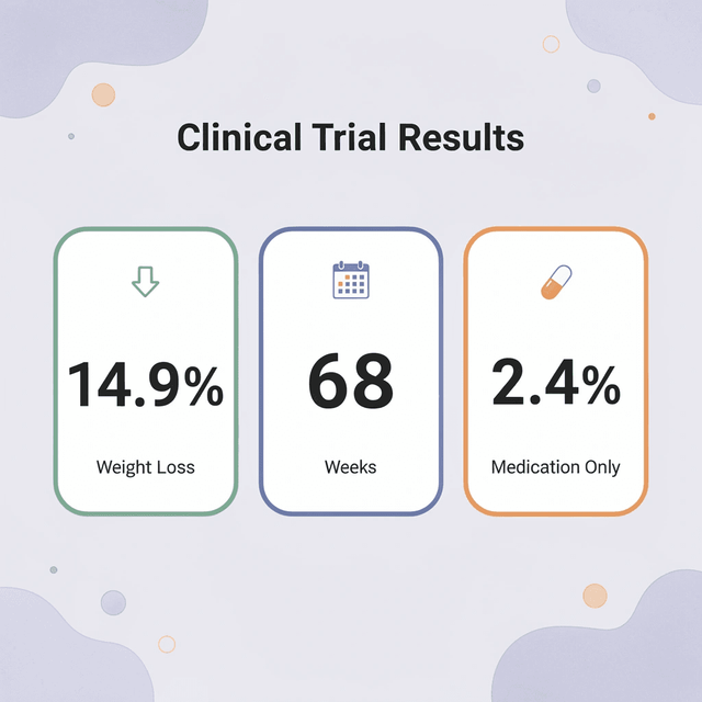 Statistics showing 14.9% weight loss over 68 weeks versus 2.4% with medication only