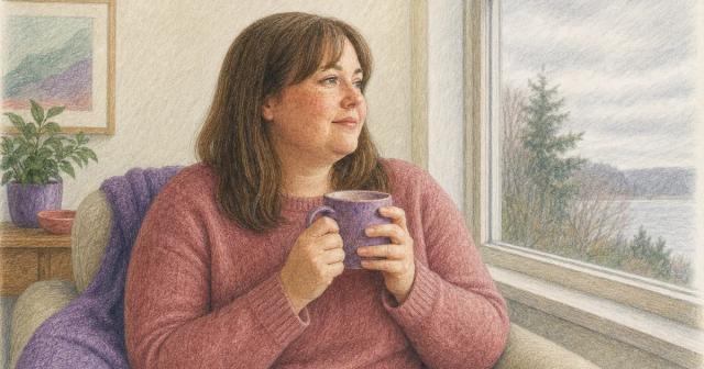 Woman by a window holding a warm mug, reflective in soft daylight