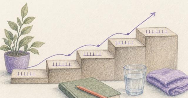 Ascending four-step staircase of week marks with a dipping energy line