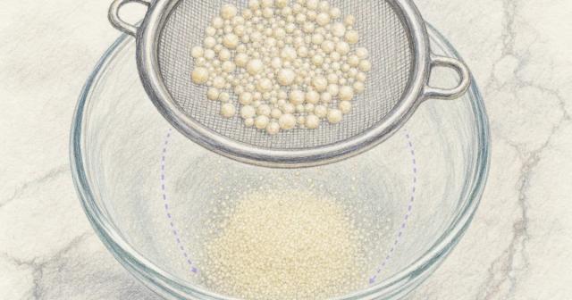 Fine sieve holding large beads while tiny grains fall through into a glass bowl