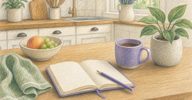 A woman reviewing handwritten notes at a sunlit kitchen table