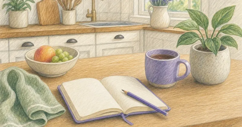 A woman reviewing handwritten notes at a sunlit kitchen table