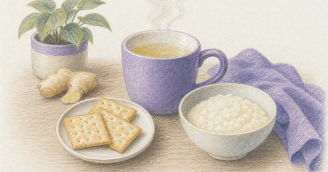 Ginger tea, plain crackers and a bowl of soft food on a calm table