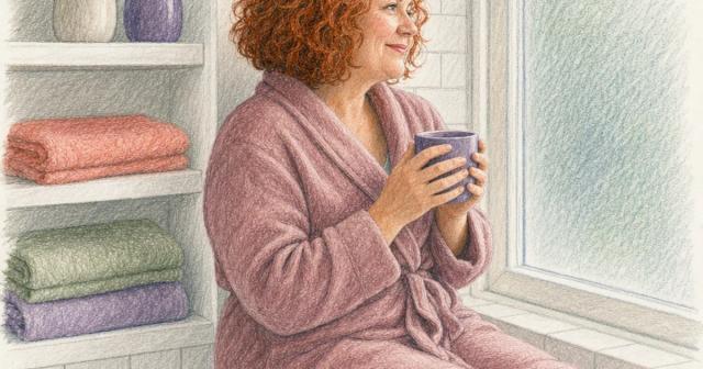 A woman sits on a bathroom window ledge holding a warm mug beside a shelf of folded towels