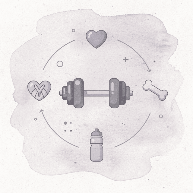 Icon hub showing GLP-1 medication at center connected to muscle, heart, bone, and hydration icons