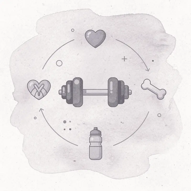 Icon hub showing GLP-1 medication at center connected to muscle, heart, bone, and hydration icons